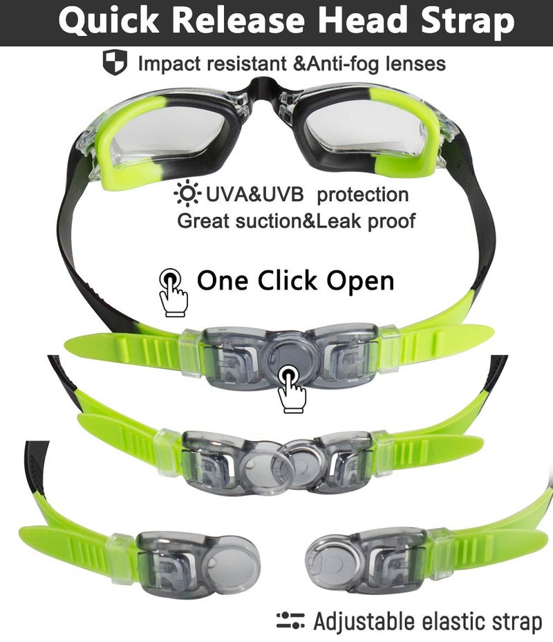 EverSport Kids Swim Goggles, Pack of 2 Swimming Goggles for Children Teens, Portable Anti-Fog Anti-UV Youth Swim Glasses Leak Proof for Age4-16, Green/Black & Mirrored Blue - Image 3